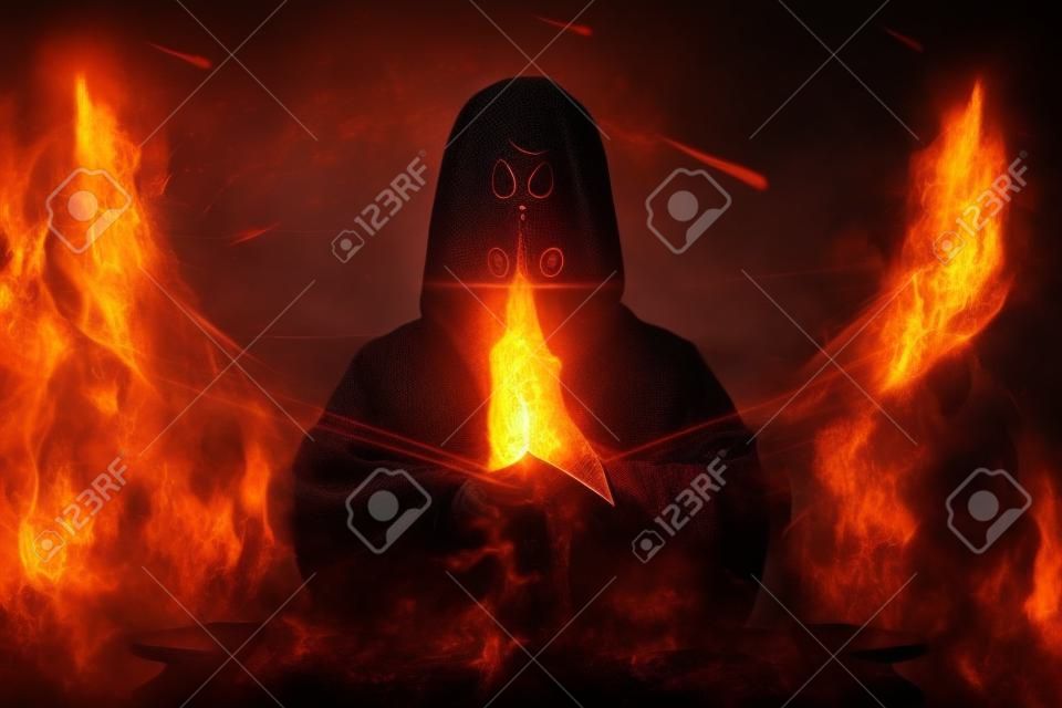 View of wizard with mask spelling witchcraft. Fire element. 3D illustration.