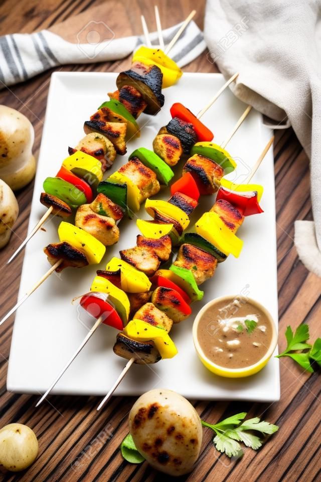 chicken kebabs with vegetables and mushrooms on a rustic background.