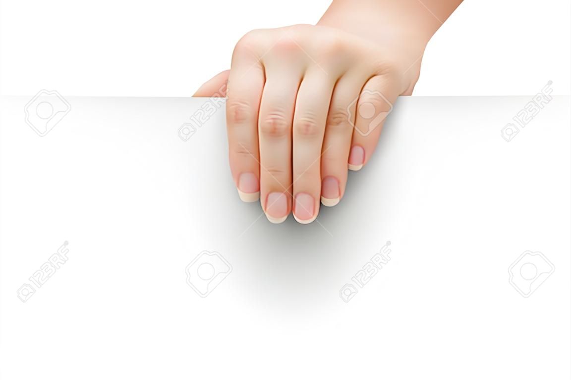Weibliche Hand hält ein leeres Blatt Papier. Isoliert auf einem weißen Hintergrund.