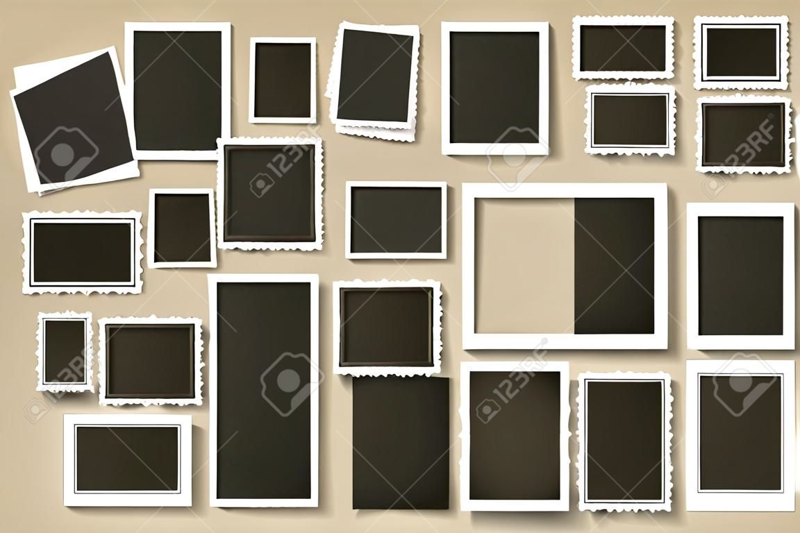 Retro photo frames. Vintage border template, old photos and paper photo frames with realistic shadows vector set. 3d decorative photograph snap and square snapshot. Old borders pack