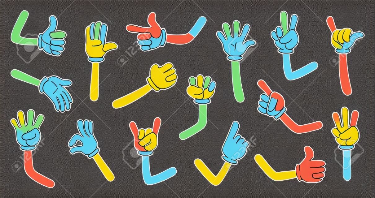 Cartoon luva braços. Mãos cômicas em luvas, braços doodle retro com diferentes gestos vector isolado ilustração conjunto de ícones. Mostrando números, apontando com o dedo. Sinal de rocha, polegar para cima, alta cinco