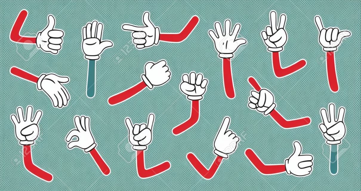 Bras gantés de dessin animé. Mains comiques dans des gants, bras de griffonnage rétro avec différents gestes vector set d'icônes d'illustration isolé. Affichage des nombres, pointant du doigt. Signe de roche, pouce vers le haut, haut cinq