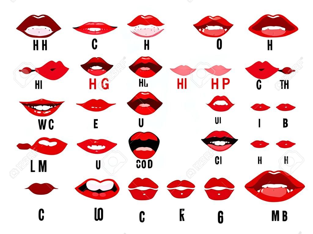 Mond geluid uitspraak. Lippen fonemen animatie, praten rode lippen uitdrukkingen, mond spraak sync spreken vector geïsoleerd symbool set. Mond spraak engels, spreken geluid en praten illustratie