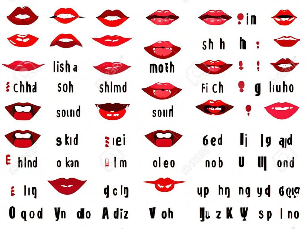 Mond geluid uitspraak. Lippen fonemen animatie, praten rode lippen uitdrukkingen, mond spraak sync spreken vector geïsoleerd symbool set. Mond spraak engels, spreken geluid en praten illustratie