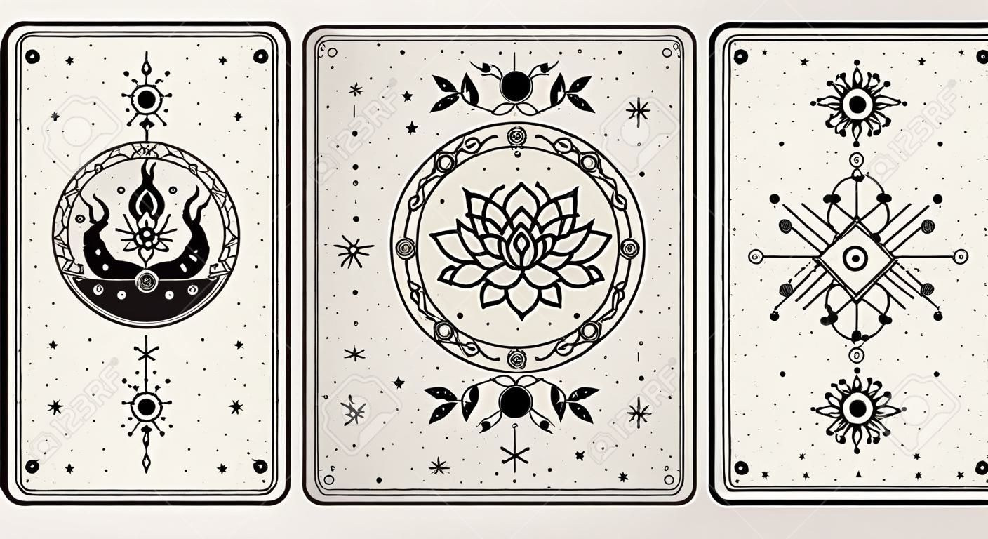 마법의 오컬트 카드. 빈티지 손으로 그린 신비로운 타로 카드, 해골, 연꽃, 사악한 눈 마법 기호, 마법의 신비로운 카드 벡터 그림 세트. 예측을 위한 난해하고 점성학적인 요소
