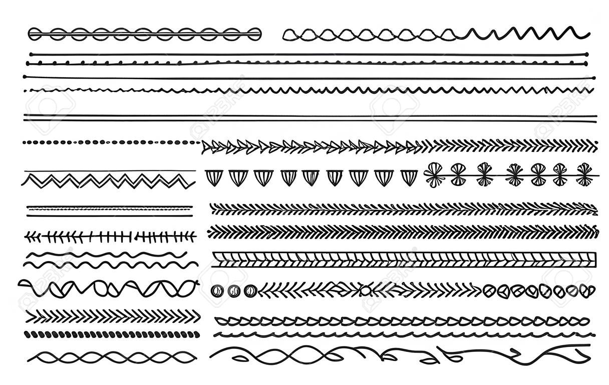 Divisori doodle disegnati a mano. Linee di doodle astratte, tratti di matita decorativi. Insieme dell'illustrazione di vettore dei divisori abbozzati del profilo