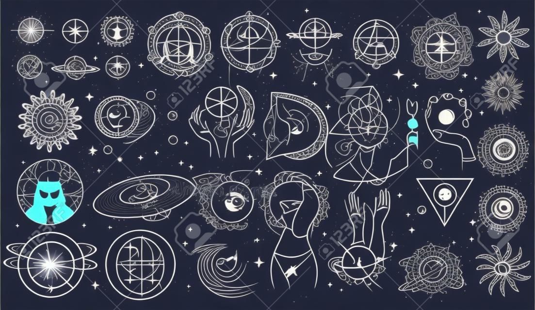 Éléments d'astrologie mystique. Objets spatiaux magiques, planètes, étoiles avec mains et visages féminins ensemble d'illustrations vectorielles. Objets cosmiques femme minimaliste