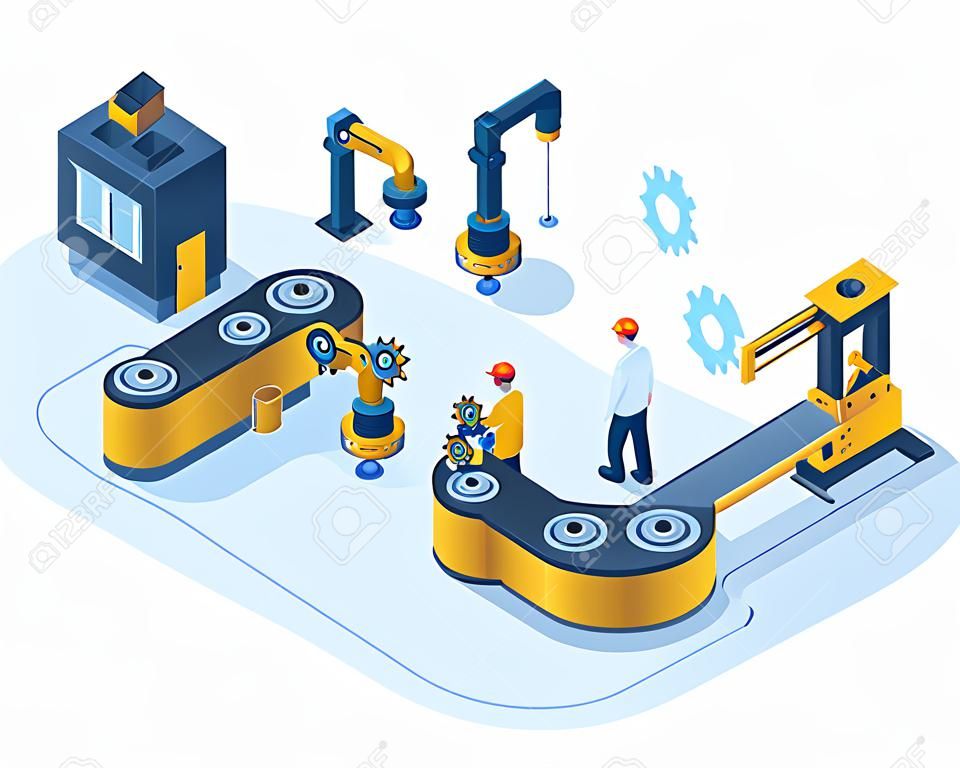 Isometric factory automated mechanised conveyor line. Industrial automated robotic conveyor, production 3d line vector illustration. Electronic factory assembly line