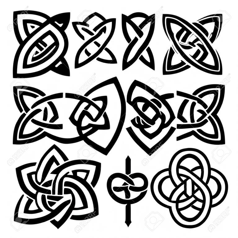 Trinité celtique. Noeud irlandais, icône de tatouage païen et boucle de ligne entrelacée. Ensemble de symboles vectoriels de silhouette d'interconnexion