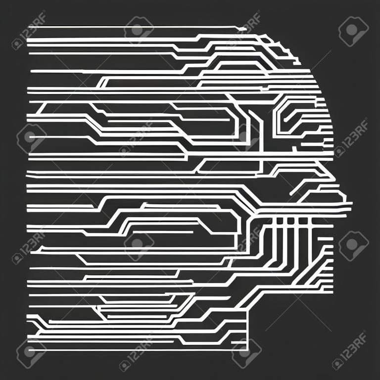 Artificial intelligence head. Human data machine learning, ai programming science and cyber mind circuit board vector illustration
