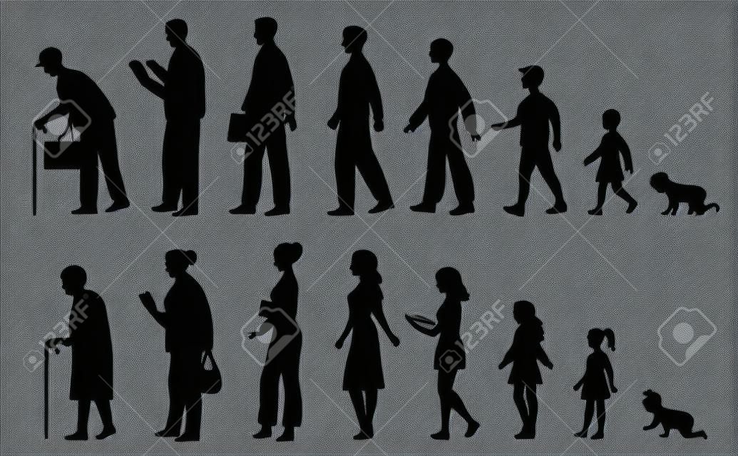 Człowiek w różnym wieku. profil sylwetki etapów wzrostu osoby płci męskiej i żeńskiej, pokolenia ludzi od dziecka do starego zestawu ilustracji wektorowych