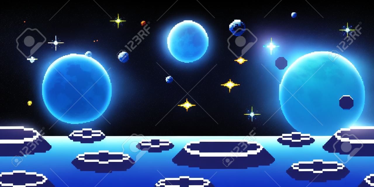 ピクセルアートの惑星の表面。スペースアーケード8ビットビデオゲームの場所、月の風景、銀河の空のベクター画像背景イラスト