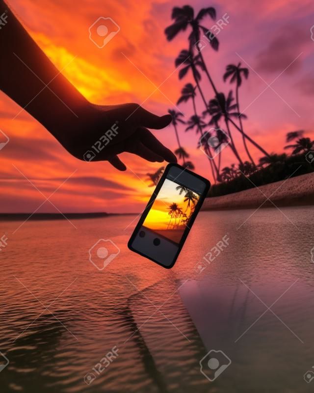 Eine Nahaufnahme einer Person, die während des Sonnenuntergangs mit einem Smartphone ein Foto von Palmen macht - cool für Hintergründe