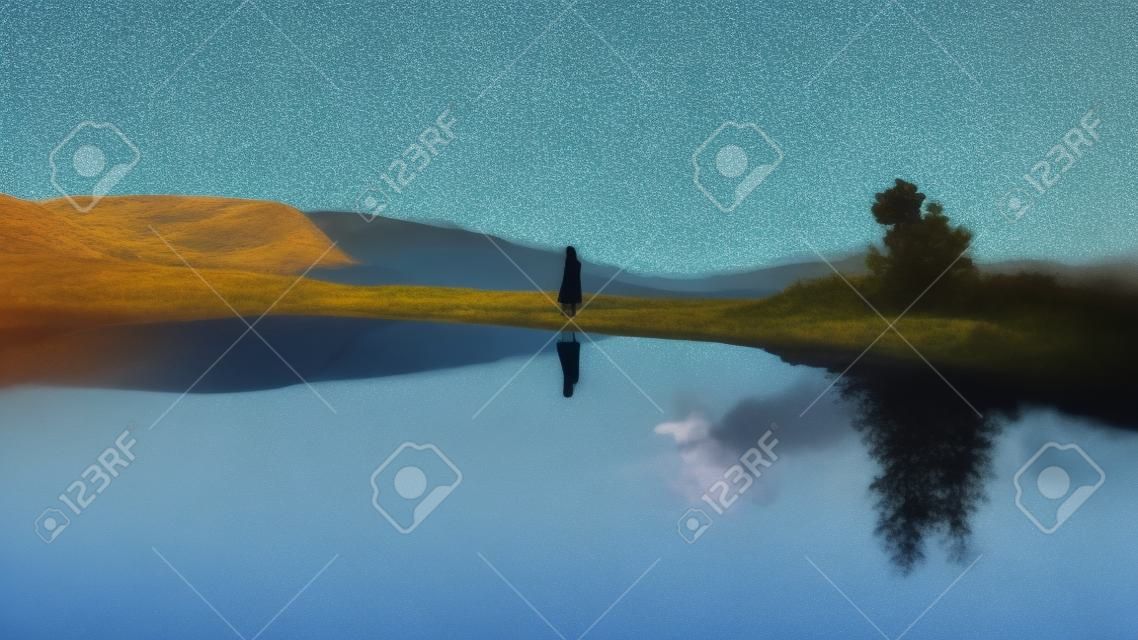 A scenic view of a woman's reflection in the calm lake under a clear sky background