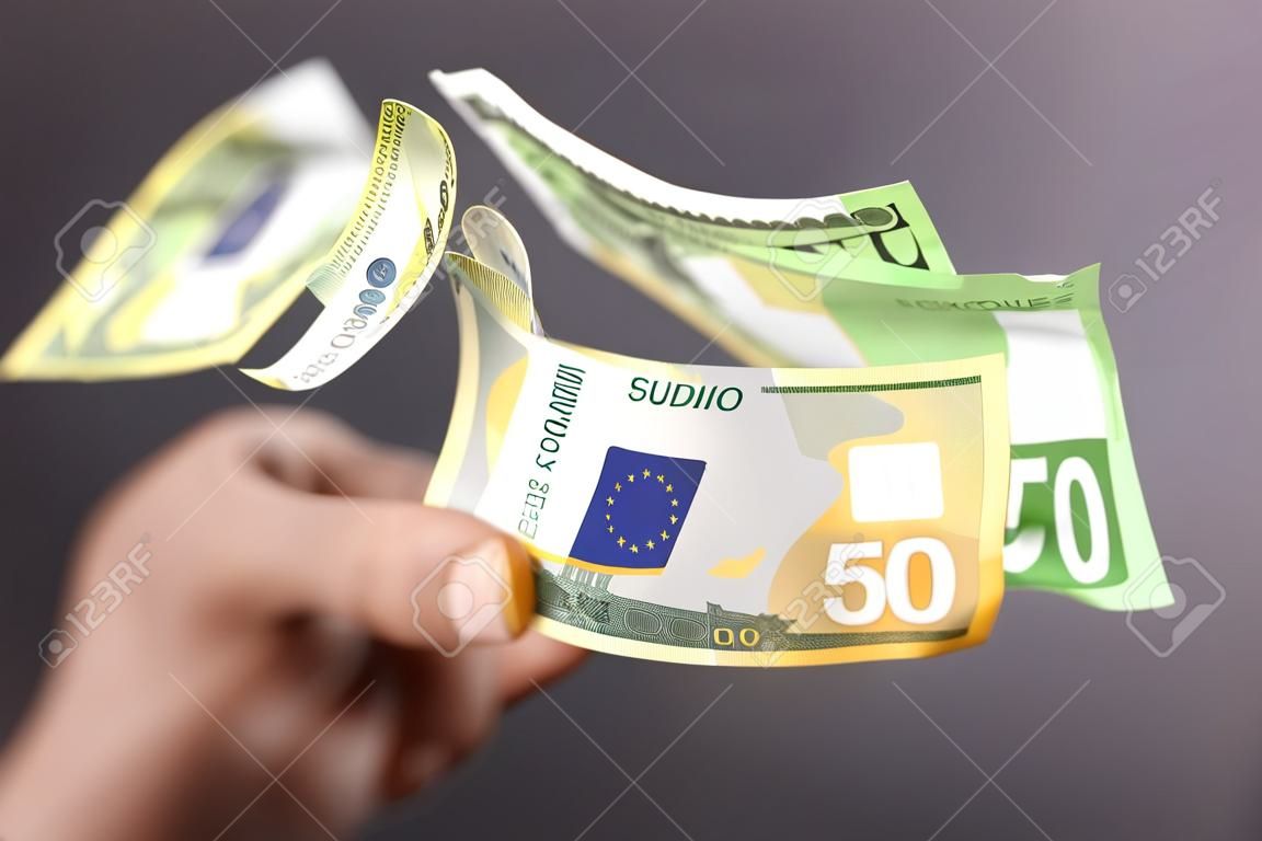 A 3d illustration of a bunch of euros in someone's hand in the background