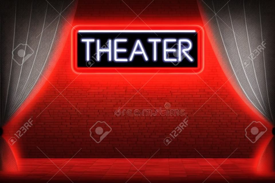 Theater glowing neon text on a electric bulb billboard with red curtain backdrop. Vector illustration.