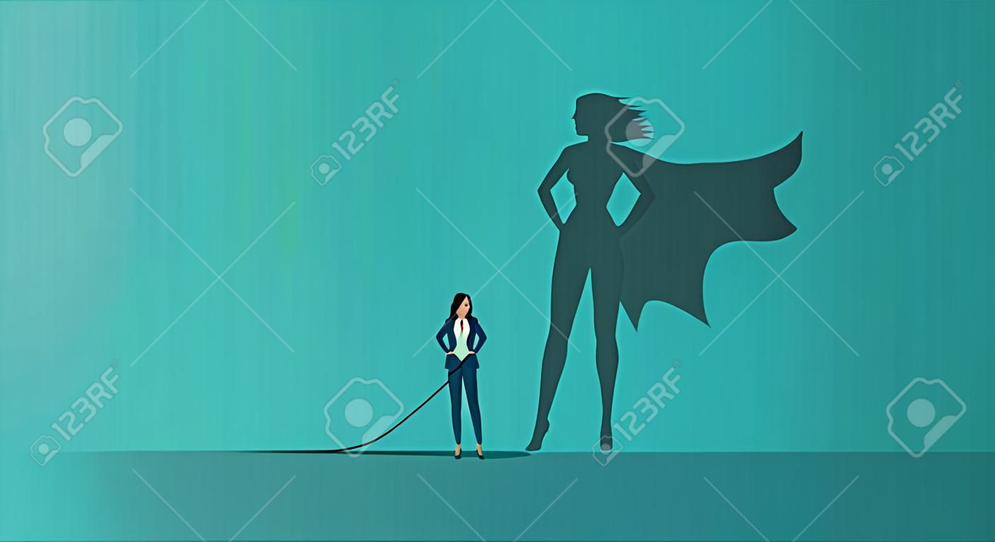 Businesswoman with shadow of superhero. Concept of power, leadership and confident. Business woman is super hero with strong motivation. Career of leader. Icon of invincible person. Vector.