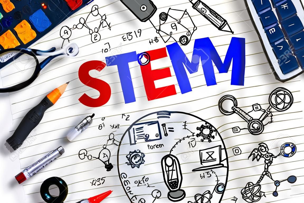 STEM istruzione. Scienza Ingegneria Matematica. concetto di STEM con sfondo disegno. Educazione di base.