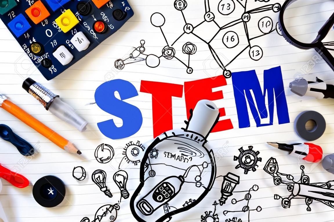 STEM istruzione. Scienza Ingegneria Matematica. concetto di STEM con sfondo disegno. Educazione di base.