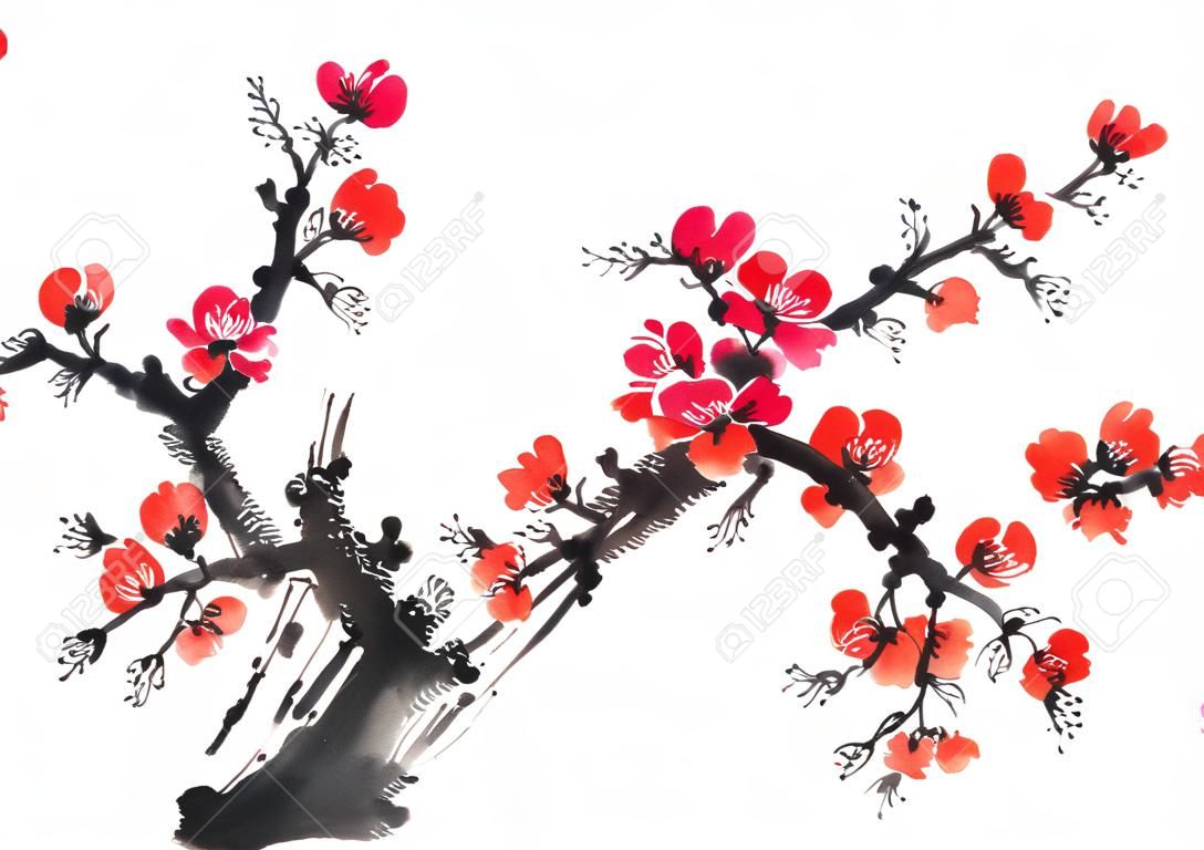 Chinees schilderij van bloemen, pruimenbloesem op witte achtergrond.