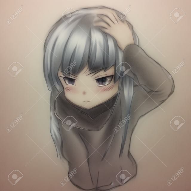 Menina De Anime Posando Para A Câmera, Desenhada Com Um Lápis