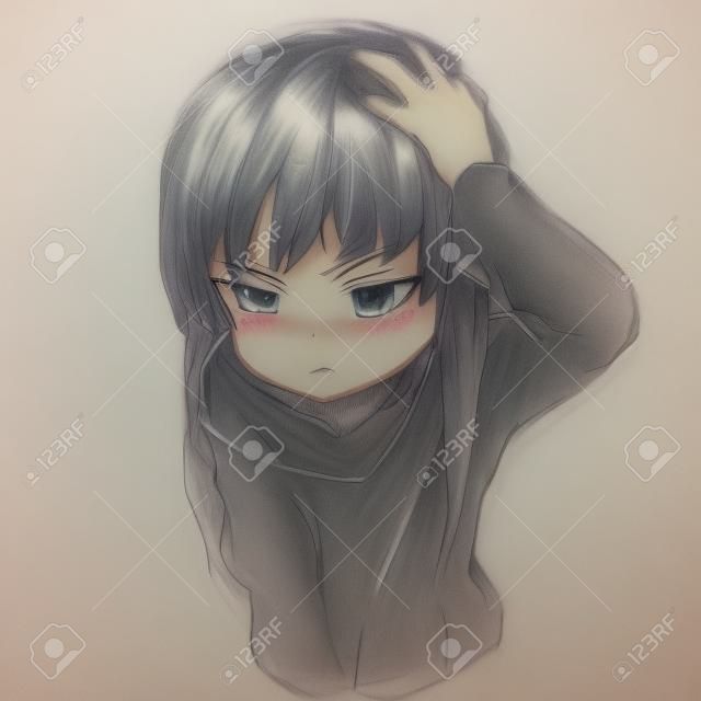 Menina De Anime Posando Para A Câmera, Desenhada Com Um Lápis