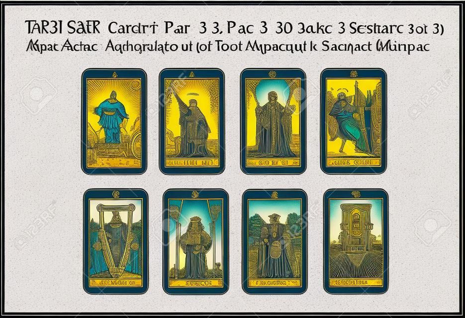 Talia kart tarota. Wielkie Arkana zestaw część 3 z 3 . Wektor ręcznie rysowane grawerowane stylu. Okultyzm i alchemia. Słońce, księżyc, gwiazda, wstrzemięźliwość, wieża, świat, sąd