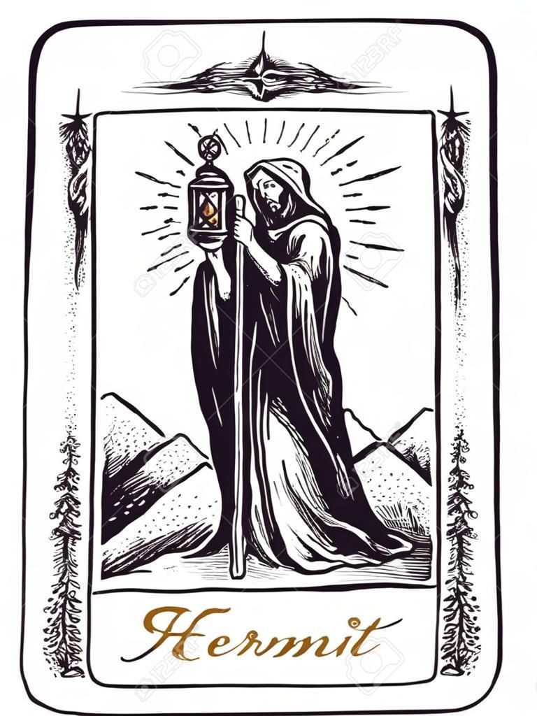 Vektor handgezeichnetes Tarot-Kartendeck. Major Arcana der Einsiedler. Gravierter Vintage-Stil. Okkulte, spirituelle und alchemistische Symbolik