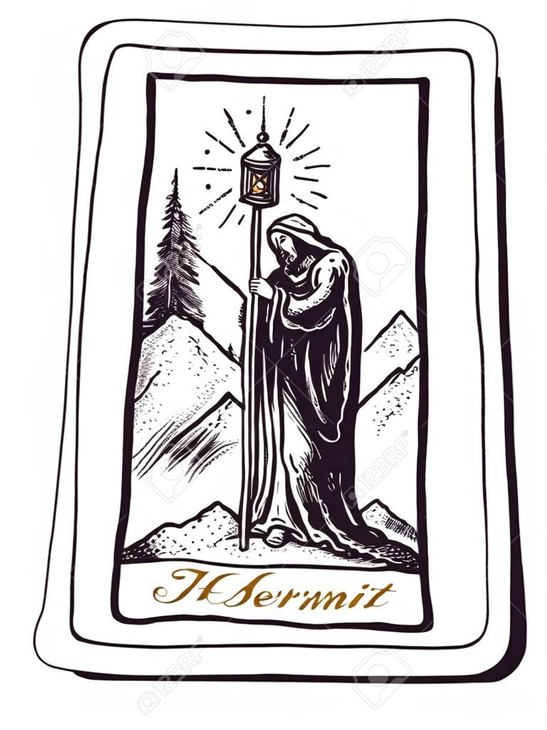 Deck de cartão de Tarot desenhado à mão do vetor. Arcano maior o eremita. Estilo vintage gravado. Simbologia ocultista, espiritual e alquimia