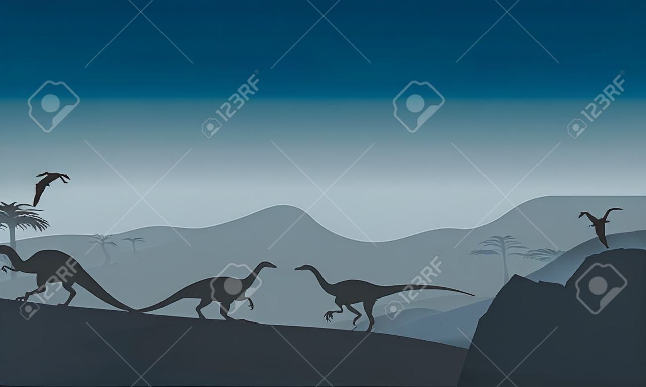 Silhouette eoraptor in colline con sfondi blu