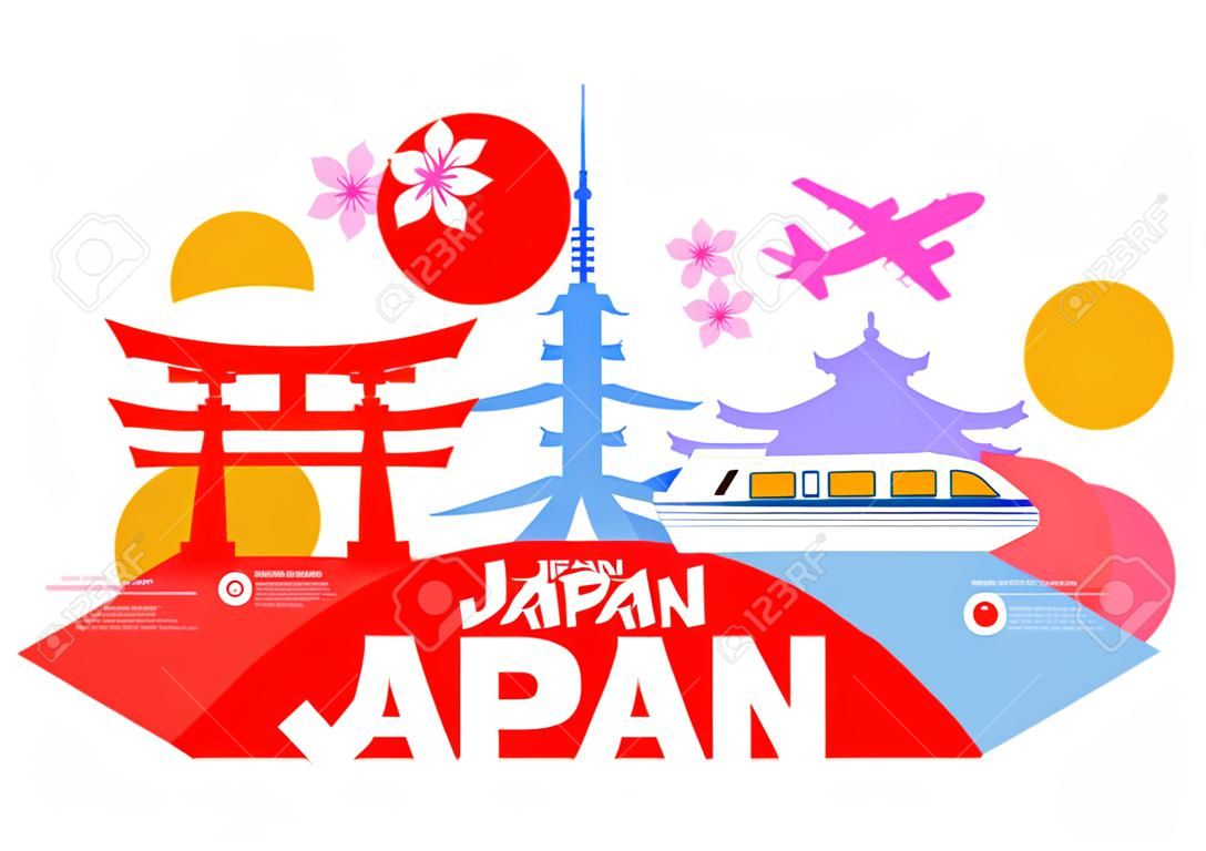 Belos pontos turísticos do Japão. Vetor e ilustração.