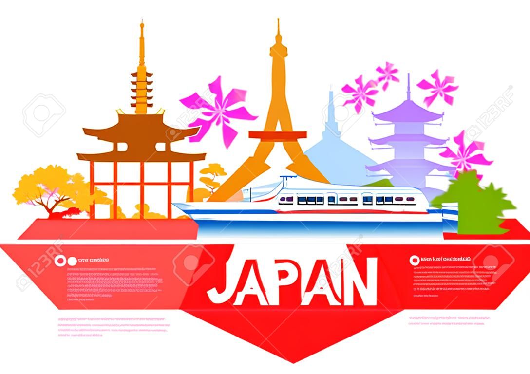 Belos pontos turísticos do Japão. Vetor e ilustração.