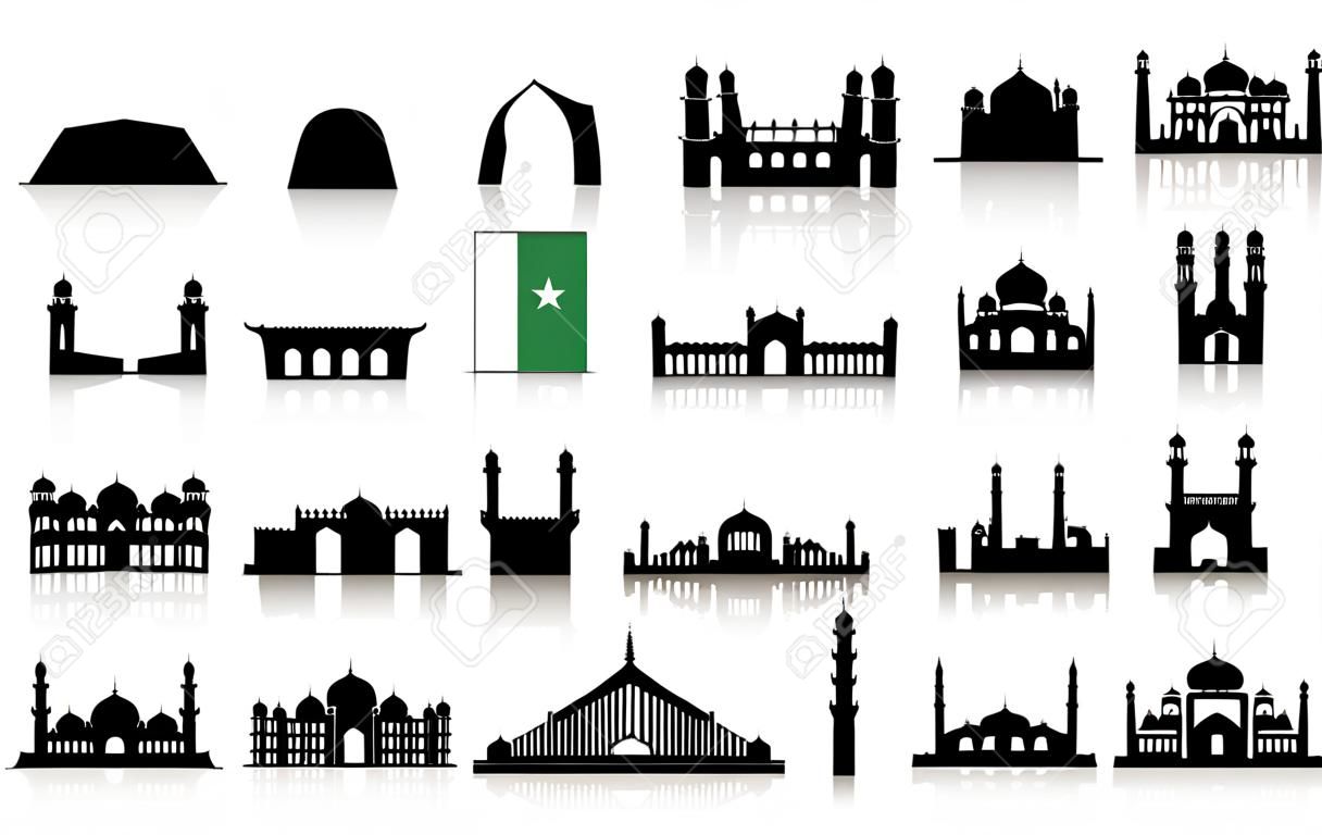 巴基斯坦旅行地标图标集矢量和插图。