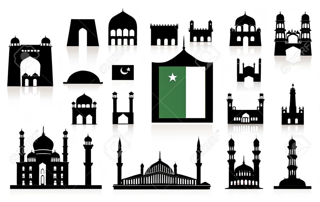 Um conjunto de ícones de Paquistão Travel Landmarks Vetor e Ilustração.