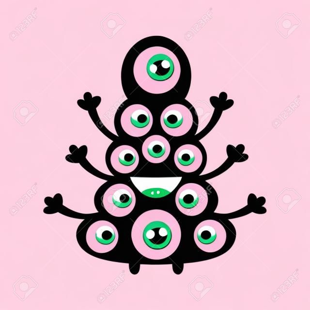 Funny monster with many eyes. Cute cartoon character. Pink color. Baby collection. Isolated. Happy Halloween card. White background. Flat design. Vector illustration.