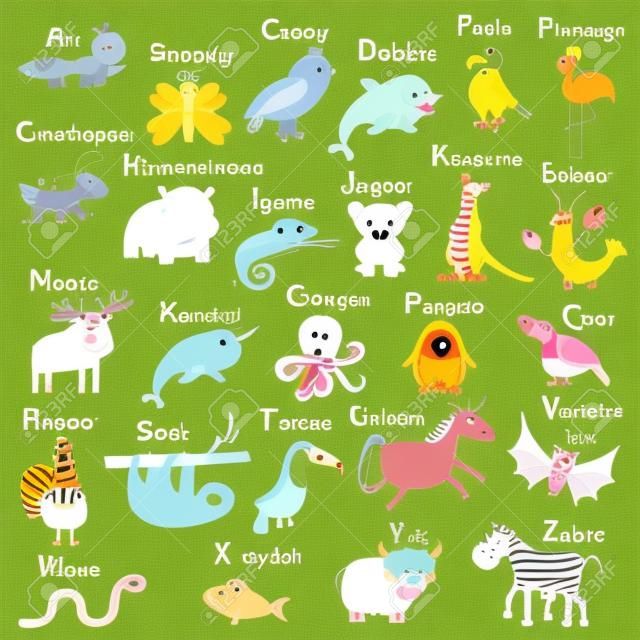 動物園動物字母表 - 可愛的卡通字符集。
