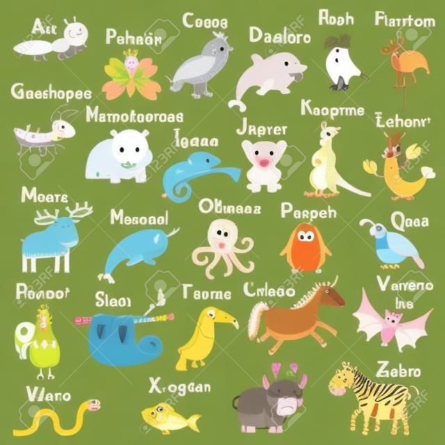 動物園動物字母表 - 可愛的卡通字符集。