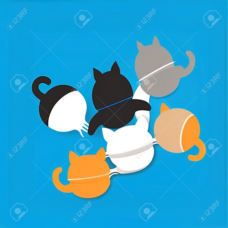 Trois chatons mangeant du lait dans un bol. Concept d'alimentation de chat. Famille d'animaux drôle kawaii bébé kitty. Jeu de caractères pour animaux de compagnie de dessin animé mignon. Design plat Fond bleu Illustration vectorielle isolé