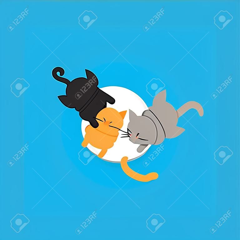 Trois chatons mangeant du lait dans un bol. Concept d'alimentation de chat. Famille d'animaux drôle kawaii bébé kitty. Jeu de caractères pour animaux de compagnie de dessin animé mignon. Design plat Fond bleu Illustration vectorielle isolé