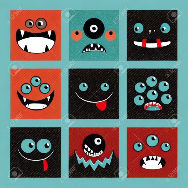 Monster head set. Square head. Boo Spooky Screaming smiling sad face emotion. Three eyes, tongue, teeth fang, mouse.Happy Halloween card. Flat design style. Black background. Vector illustration
