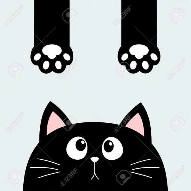 Black cat. Funny face head silhouette looking up. Hanging paw print, tail. Cute cartoon character. Kawaii animal. Baby card. Pet collection. Flat design style. White background. Isolated. Vector