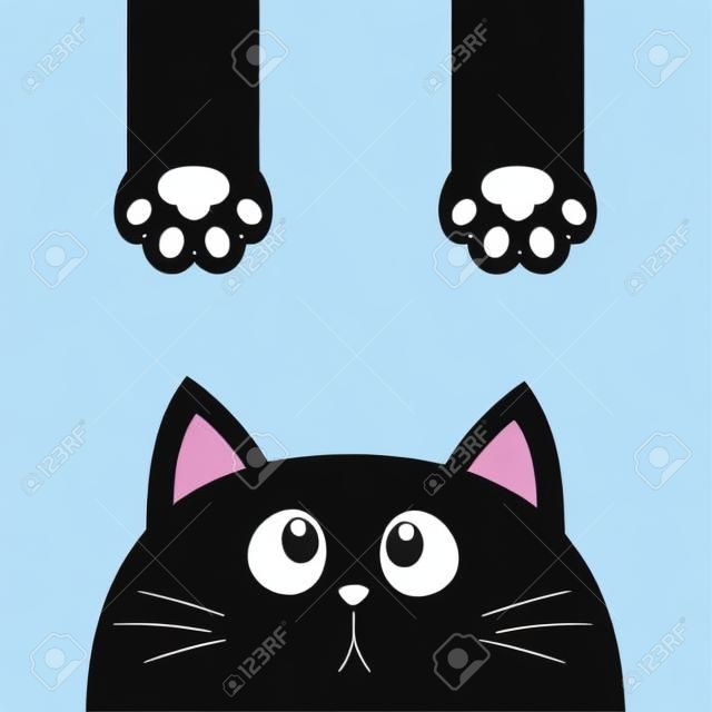 Black cat. Funny face head silhouette looking up. Hanging paw print, tail. Cute cartoon character. Kawaii animal. Baby card. Pet collection. Flat design style. White background. Isolated. Vector
