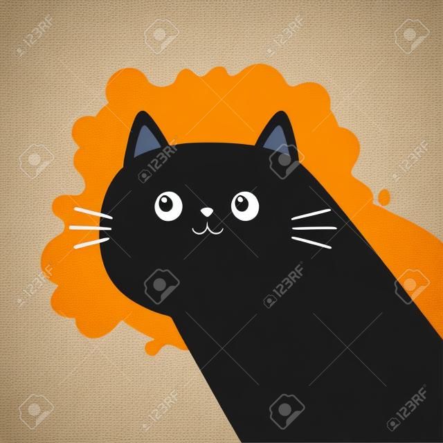 Süße schwarze Katze Kätzchen Gesicht Kopf Körper in der Ecke. Kawaii Baby-Haustier. Zeichentrickfigur. Notebook-Cover, T-Shirt, Grußkartendruck. Skandinavischer Stil. Flaches Design. Orangefarbener Hintergrund. Vektor