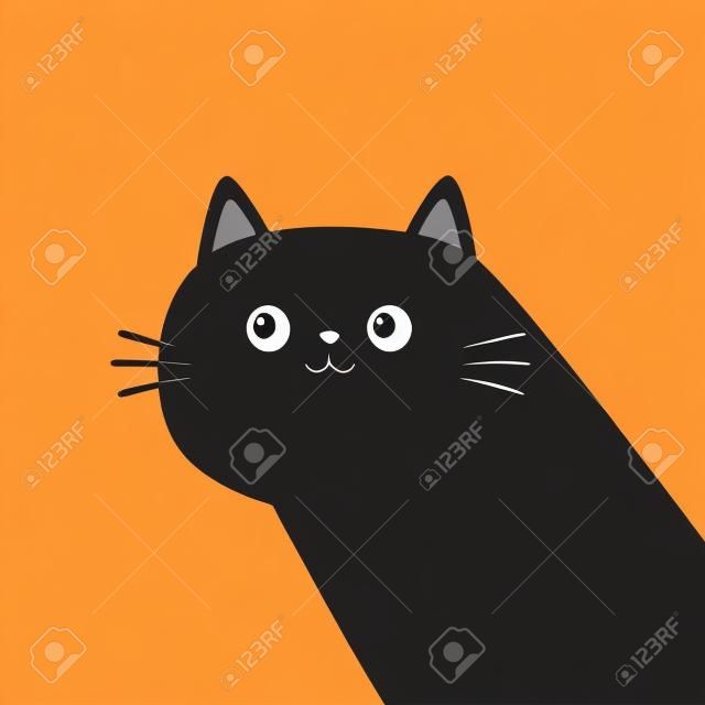 Lindo gato negro gatito cara cabeza cuerpo en la esquina. Animal mascota bebé kawaii. Personaje animado. Portada del portátil, camiseta, impresión de tarjetas de felicitación. estilo escandinavo. Diseño plano. Fondo naranja. Vector