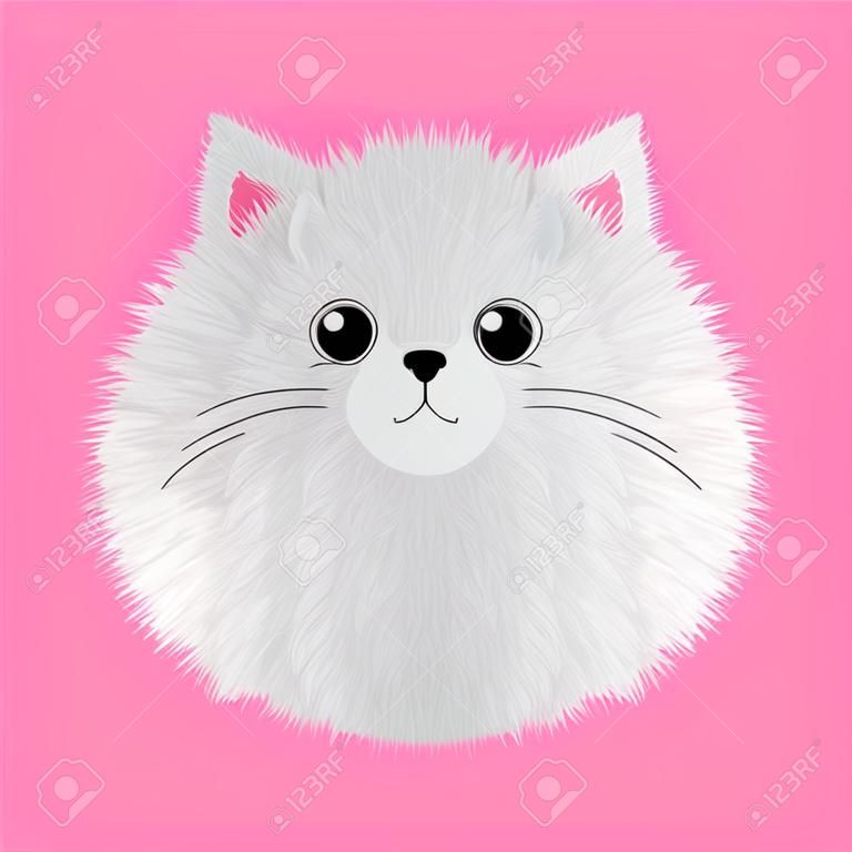 Icono de gato esponjoso blanco. cara cabeza cuerpo. gatito gordo y redondo. lindo personaje de dibujos animados. animal mascota bebé kawaii. portada de cuaderno, camiseta, impresión de tarjetas de felicitación. diseño plano. fondo rosa vector