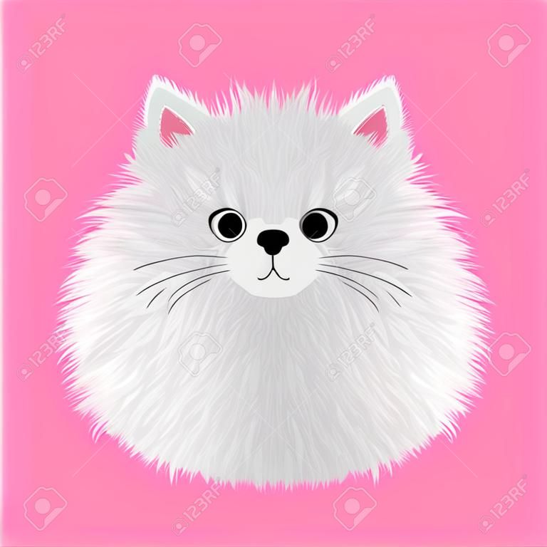 Icono de gato esponjoso blanco. cara cabeza cuerpo. gatito gordo y redondo. lindo personaje de dibujos animados. animal mascota bebé kawaii. portada de cuaderno, camiseta, impresión de tarjetas de felicitación. diseño plano. fondo rosa vector