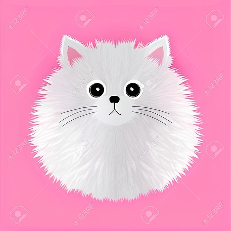 White fluffy cat icon. face head body. Fat round kitten. cute cartoon character. Kawaii baby pet animal. Notebook cover, tshirt, greeting card print. flat design. pink background. vector