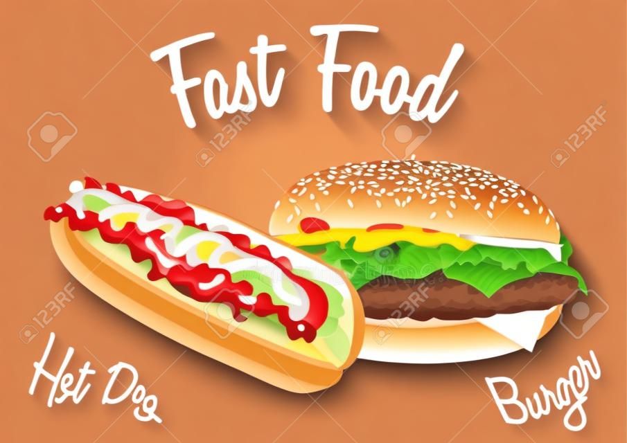 Fast-Food-Vektor-Illustration. Burger und Hot Dog