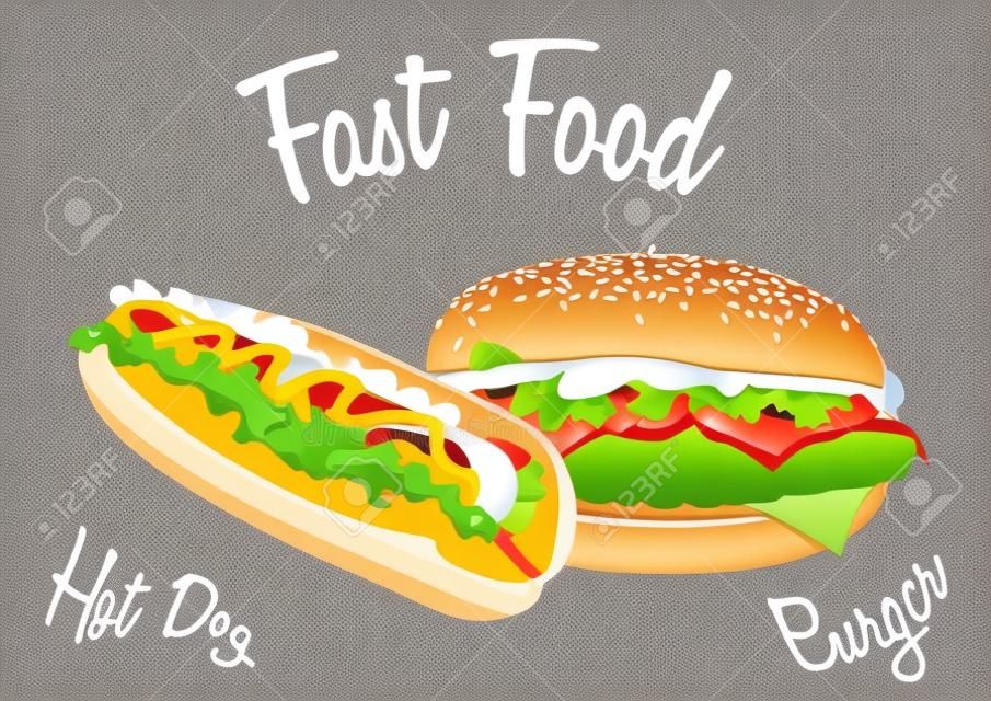 Fast food vector illustratie. Burger en hot dog
