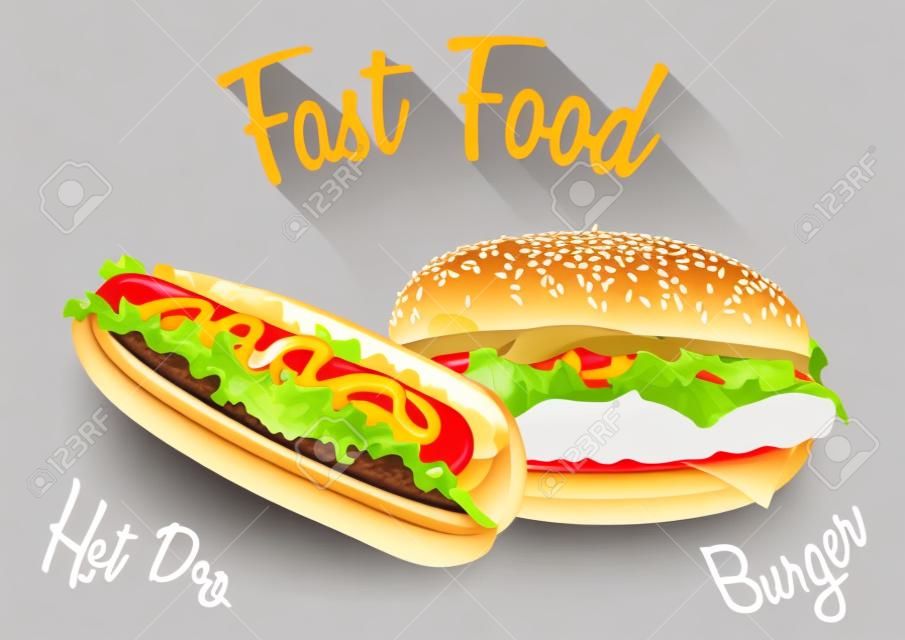 Fast food vector illustratie. Burger en hot dog